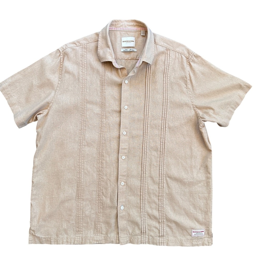 Scotch & Soda Guayabera Shirt Mens XL Tan Beige‎ Linen Blend Pintuck Excellent